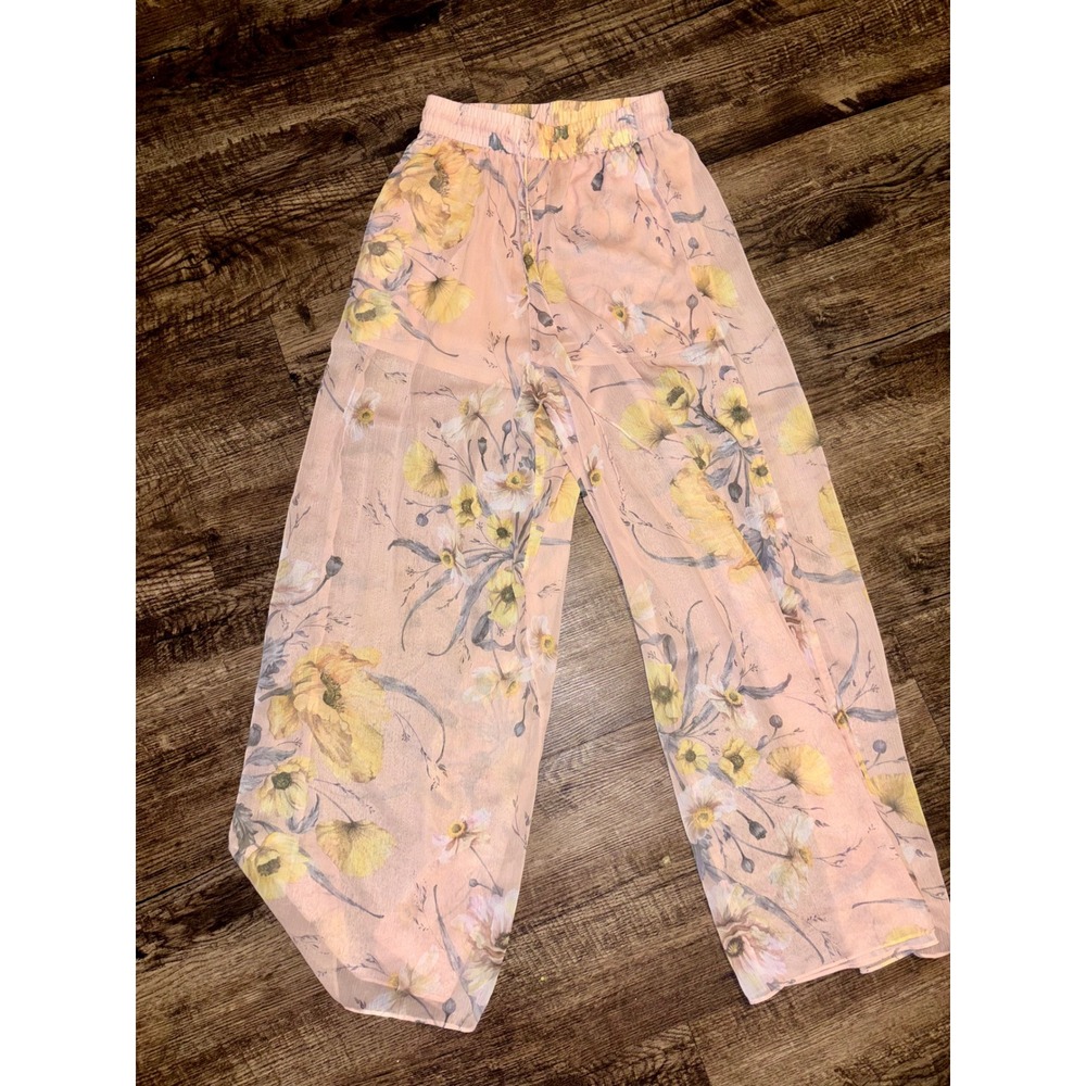 HM Peach Floral Wide Leg Chiffon Pants Pink Yellow Botanical Boho Trousers Sz 4